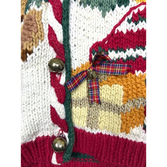 Vtg 90's Ugly Christmas Cardigan Sweater Women's M  Knit Bells Bows Teddy Bear - Picture 3 of 13